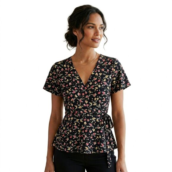 Vibe Tops - Vibe Sportswear Floral Wrap Blouse XS Black Pink Ditsy Flower Peplum Top V-Neck